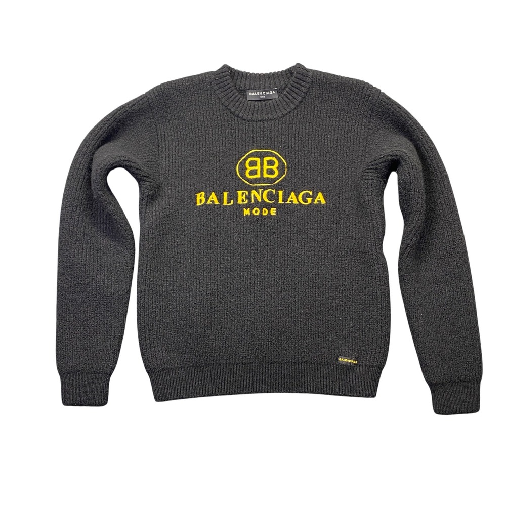 Balenciaga Mode BB Logo Black Ribbed Virgin Wool Knit Sweater Mens Sz M Heavy